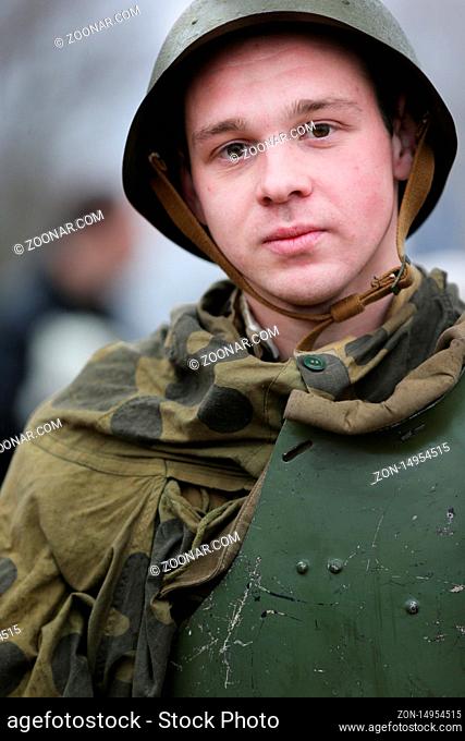 Belarus, Gomel, November 21, 2016, Reconstruction of the battle for World War II. Children are the second world of the war. Soldier is a teenager