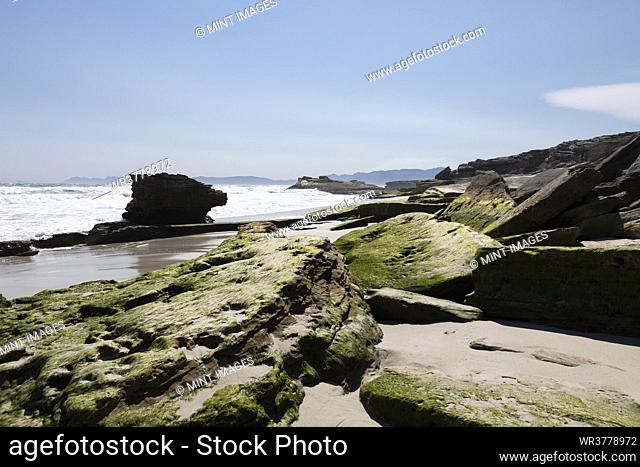 The Walker Bay Nature Reserve coastline of the Atlantic ocean, with weathered rock pillars and smooth flat rocks