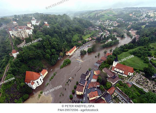 An aerial view of the flooding of the Ilz Valley near Passau, Germany, 03 June 2013. The floodings in Bavaria continue to worsen