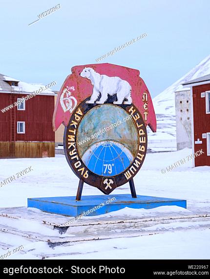 Iconic coat of arms of the town. Pyramiden, abandoned russian mining settlement at the Billefjorden, island Spitzbergen in the svalbard archipelago