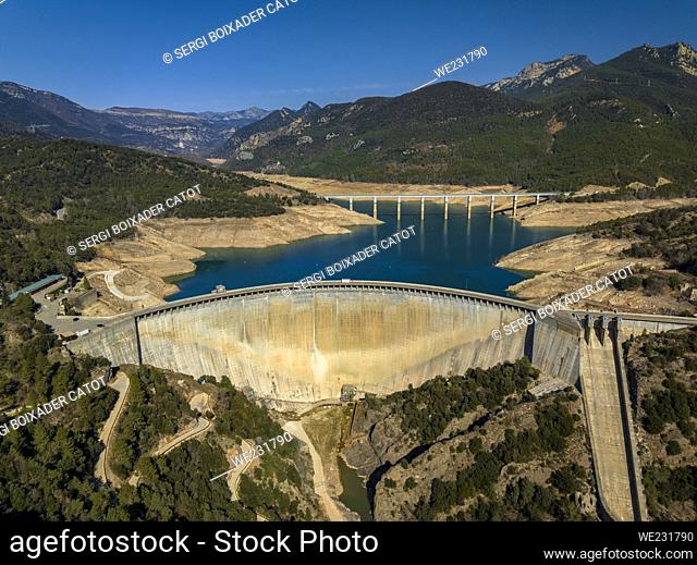 Aerial view of the Baells reservoir with a very low water level during the 2022-23 drought (Berguedá , Barcelona, Catalonia, Spain)
