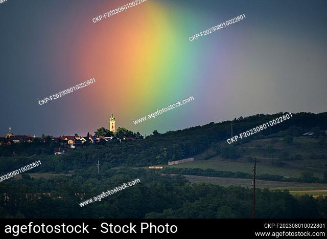 A view of the village of Krabcice, Czech Republic, with a special display of part of the rainbow on August 1, 2023. (CTK Photo/Petr Malina)