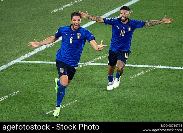 The Footballer of Italy Manuel Locatelli celebrating after score the goal during the Match Italy-Switzerland second round Group A Euro2020 at the stadio...