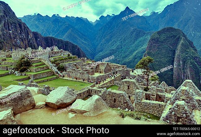 Peru, Machu Pichu, View of Machu Pichu and ruins of aztec village