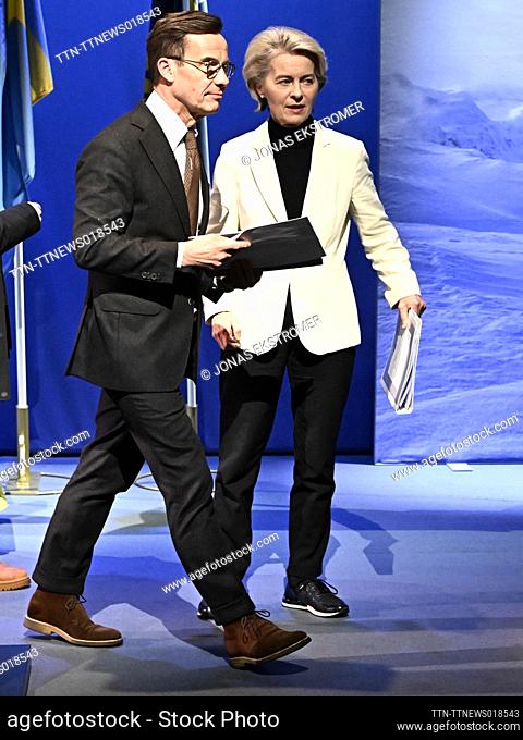 Sweden's Prime Minister Ulf Kristersson (L) and EU Commission President Ursula von der Leyen give a joint news conference in Kiruna, Sweden, on Jan