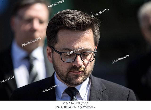 North Rhine Westphalia's Justice Minister Thomas Kutschaty (SPD - r) gives a statement to the press in front of the detention facilities of the JVA...
