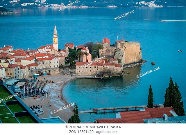 Budva, Montenegro - April 2018 : View of the Old Town Budva centre on the Adriatic coast