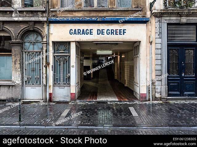 Brussels Old Town, Brussels Capital Region - Belgium - 12 12 2019 Facade and entrance of a vintage garage independent business called garage De Greef