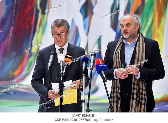 L-R Czech Prime Minister Andrej Babis and general director of National Gallery Jiri Fajt speak during a press briefing after their discuss with Centre Pompidou...