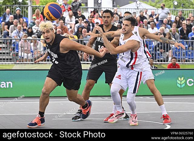 New Zealand's Dominique David Tuatini Kelman-Poto and France Franck Seguela pictured in action during a 3x3 basketball game between France and New Zealand