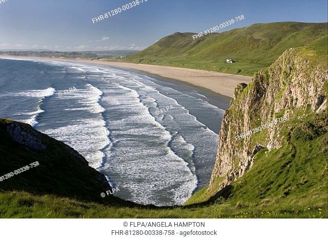 View of cliffs and coastline, Rhossili Bay, Gower Peninsula, Glamorgan, Wales, june