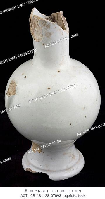 Pottery jug on stand foot, white glazed, ball model, cylindrical neck, jug crockery holder soil find ceramic earthenware glaze tin glaze