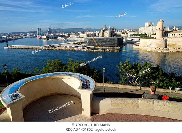 Viewpoint Jardin du Pharo, Panorama, MuCEM, Port de la Joliette, Cathedrale de la Major, Fort Saint-Jean, Marseille, France, Europe