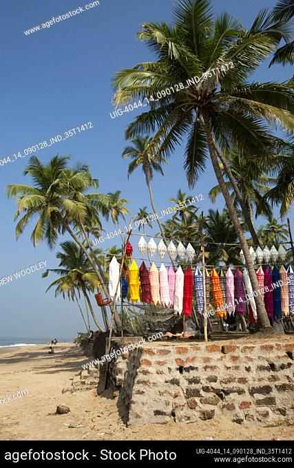 Lantern lampshade display Anjuna weekly hippy flea market backs on to beach Goa India