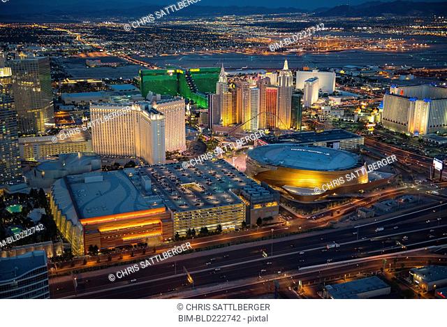 Aerial view of illuminated cityscape, Las Vegas, Nevada, United States