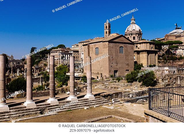 The Curia (senate house) and church of Santi Luca e Martina in the Roman Forum, Rome, Lazio region, Italy