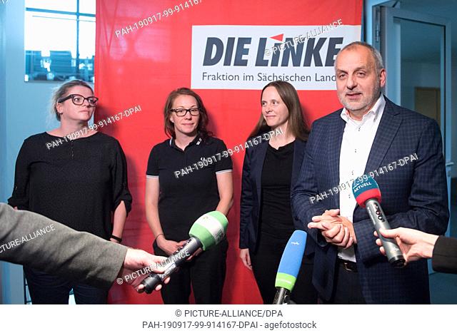 17 September 2019, Saxony, Dresden: Rico Gebhardt, Chairman of the Left Party in the Saxon state parliament, his deputies Susanne Schaper (l) and Marika...
