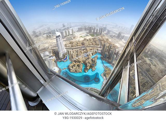 View of Dubai city center from terrace on the 124 floor of Burj Khalifa Tower, Dubai, United Arab Emirates