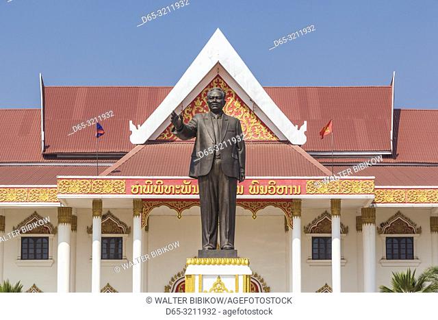 Laos, Vientiane, Kaysone Phomivan Museum, building exterior and statue of Kaysone Phomivan, former Lao Communist leader