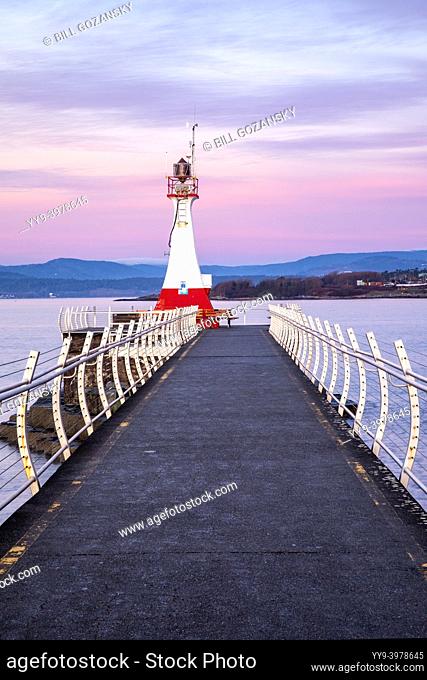 Ogden Point Breakwater Lighthouse at sunrise - Victoria, Vancouver Island, British Columbia, Canada