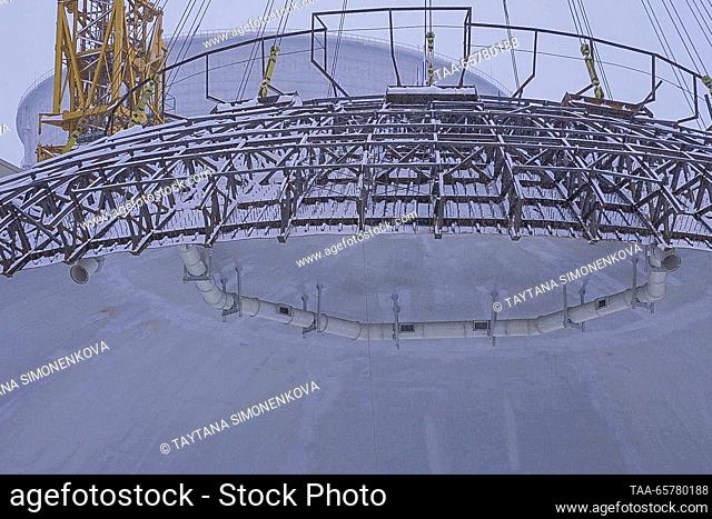 RUSSIA, KURSK REGION - DECEMBER 15, 2023: The installation of the Unit 2 dome takes place at the Kursk II Nuclear Power Plant