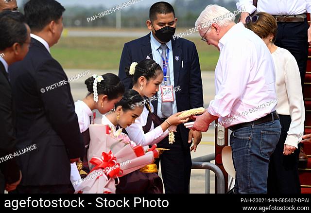 14 February 2023, Cambodia, Siemreab: German President Frank-Walter Steinmeier and his wife Elke Büdenbender arrive at Siem Reap International Airport and are...