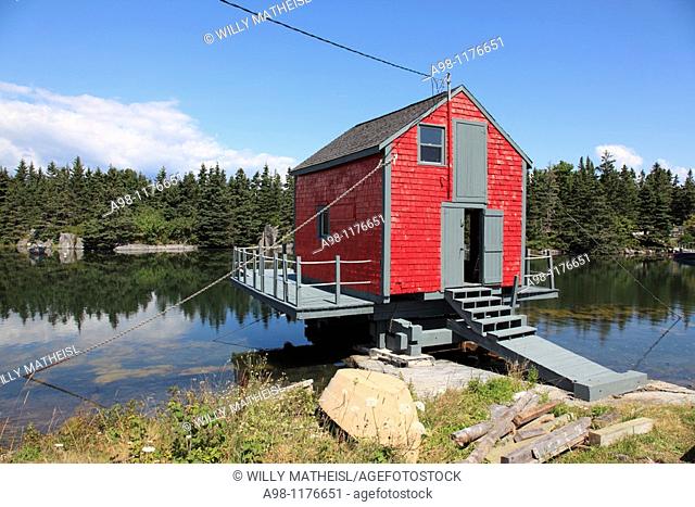 red fish shack on water near world heritage city of Lunenburg, Mahone Bay, Nova Scotia, Canada, North America