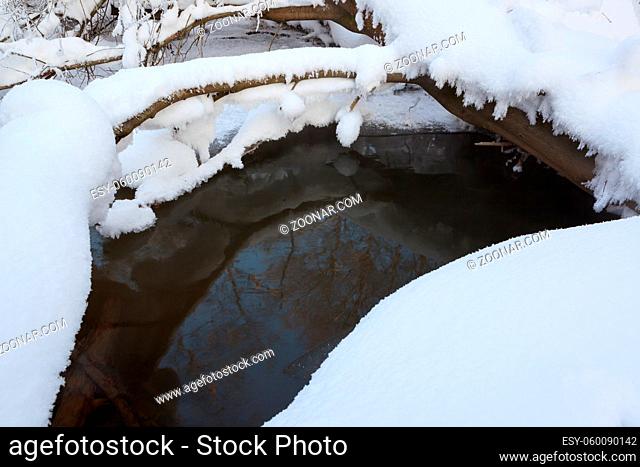 Small stream in winter forest panorama