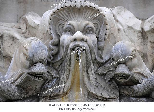 Fountains, marble figures, dolphin, head, Piazza della Rotonda Square, historic centre, Rome, Italy