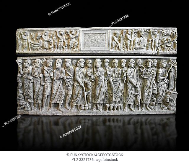Roman relief sculpture on the Christian sarcophagus side od Marcus Claudianus depicting scenes from the new testament , circa 330 - 335 AD from the via della...