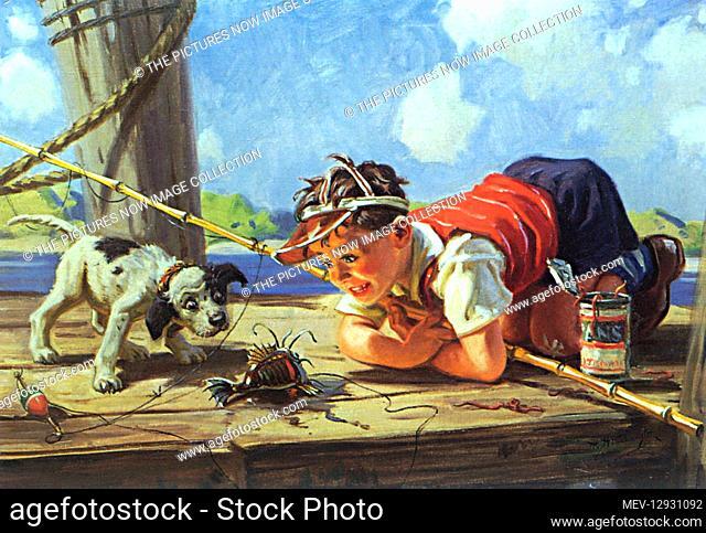 Boy with Puppy and Fish