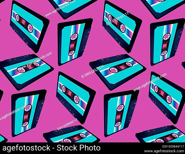 Compact cassette seamless pattern with floating or flying 80s styled tape in perspective view