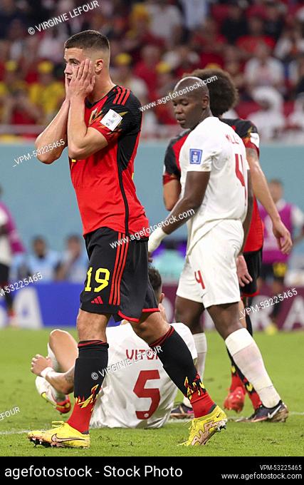 Belgium's Leander Dendoncker reacts during a soccer game between Belgium's national team the Red Devils and Canada, in Group F of the FIFA 2022 World Cup in Al...
