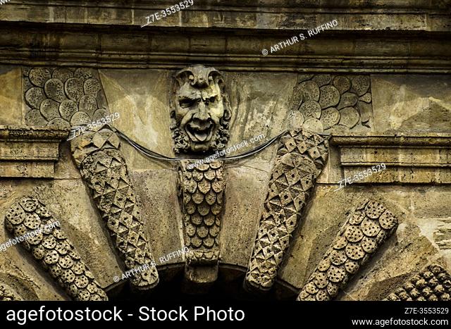 Detail of architectural motifs above arch of the New Gate (Porta Nuova) as seen from Independence Square (Piazza Indipendenza/Via Vittorio Emanuele)