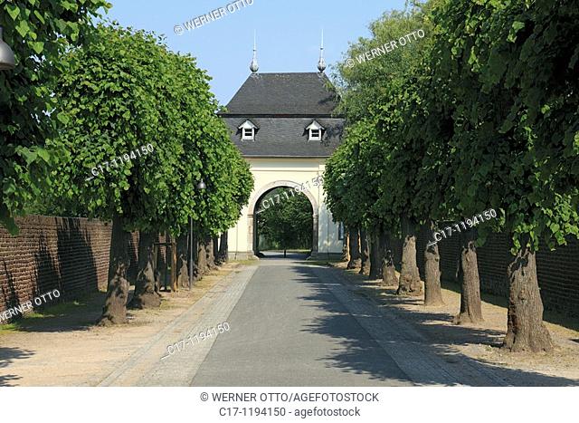 Germany, Dormagen, North Rhine-Westphalia, Dormagen-Delhoven, monastery Knechtsteden, premonstratensian abbey, Spiritans Order, convent wall, archway, trees
