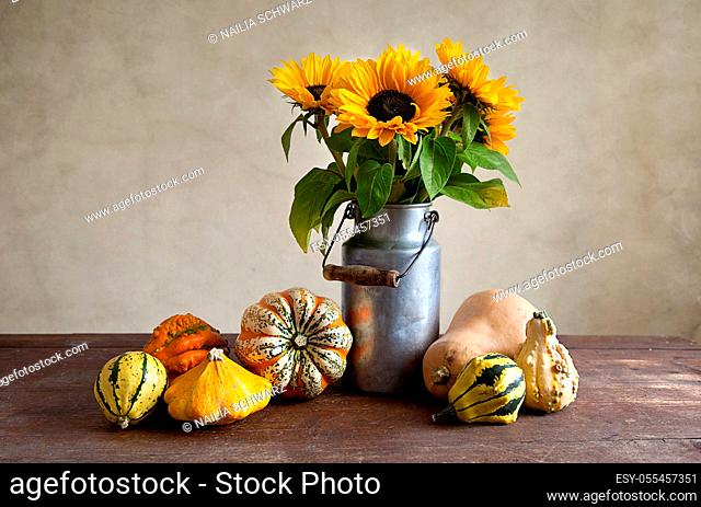 sunflower, ornamental gourd, autumn decoration