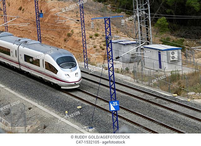 Spain, Catalonia, Lleida province, High Speed Train, AVE Serie 103 near Vinaixa