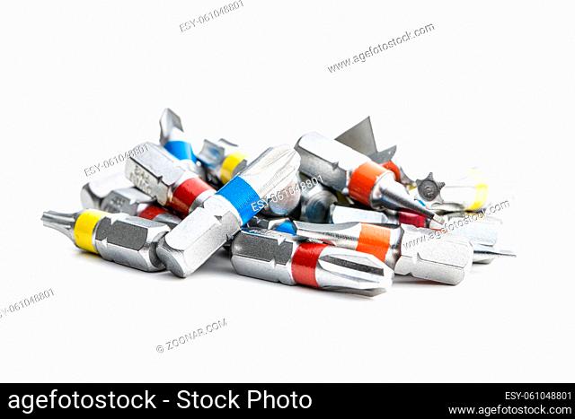 Set of screwdriver bits. Various types of screwdriver heads isolated on white background