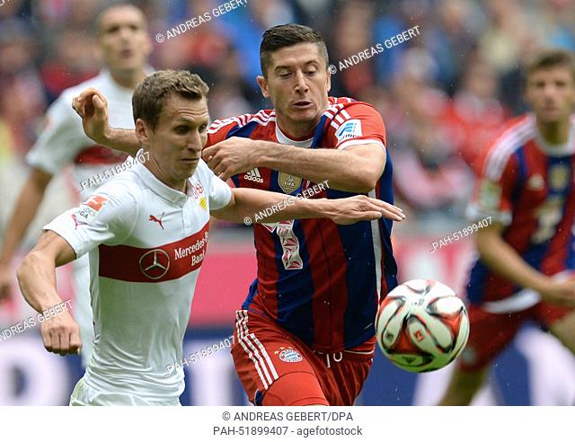 Munich's Robert Lewandowski (R) vies for the ball with Stuttgart's Florian Klein during the Bundesliga soccer match between FC Bayern Munich and VfB Stuttgart...