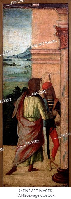 Two Young Men at a Column. Costa, Lorenzo (1460-1535). Tempera on panel. Renaissance. 1488. State A. Pushkin Museum of Fine Arts, Moscow. 47x17