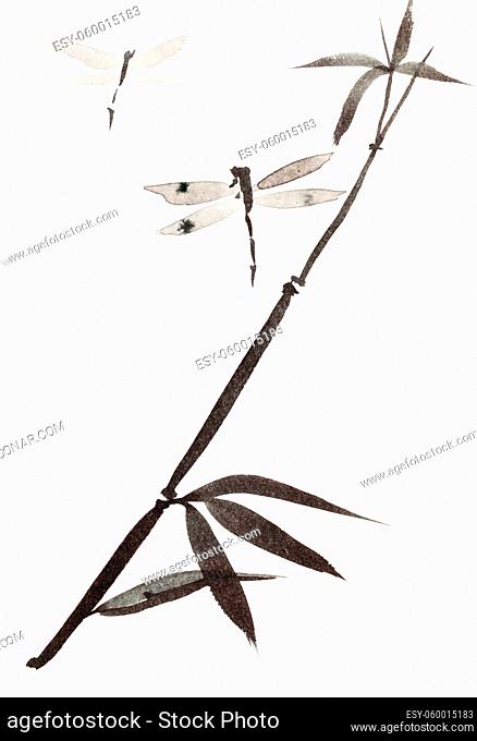 dragonflies and branch of reed hand-drawn by black watercolor on creamy-white paper in sumi-e (suibokuga) style