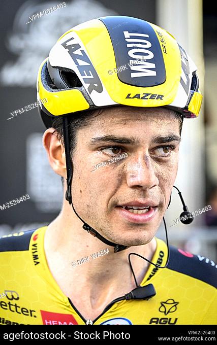 Belgian Wout Van Aert of Team Jumbo-Visma celebrates after winning the 111th edition of the 'Milano-Sanremo' one day cycling race, 305km from Milan to Sanremo