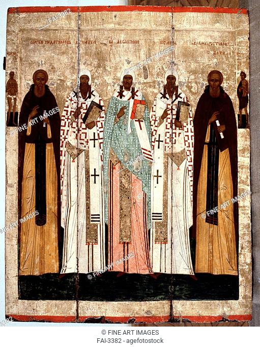 Saint Sergius of Radonezh with the Saints of Rostov. Russian icon . Tempera on panel. Russian icon painting. 15th century