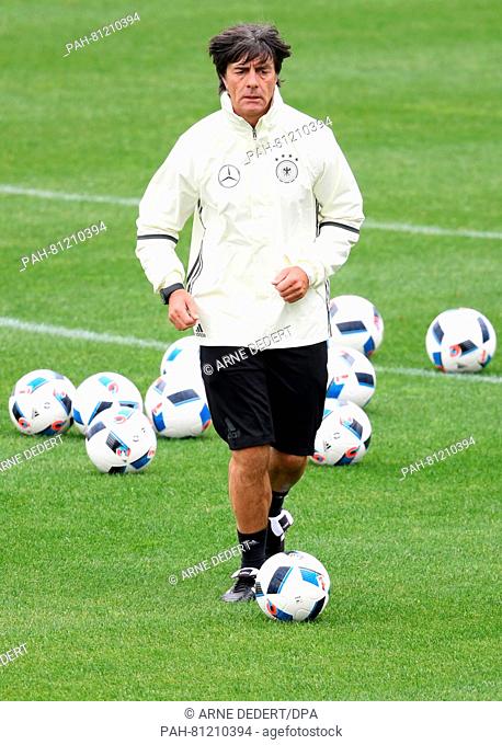 Germany's head coach Joachim Loew in action during a training session of the German national soccer team on the training pitch next to team hotel in Evian
