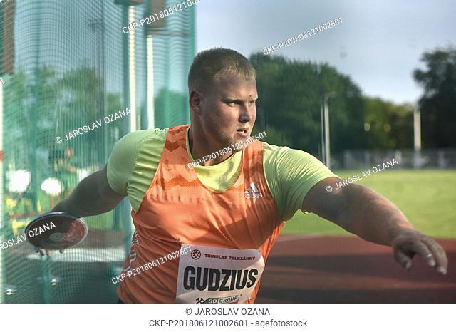 Andrius Gudzius of Lithuenia makes an attempt in the men's discus throw competition at the Golden Spike, an IAAF World Challenge athletic meeting in Ostrava