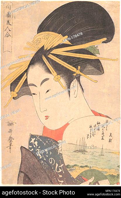 Courtesan Holding a Fan. Artist: Kitagawa Utamaro (Japanese, 1753?-1806); Period: Edo period (1615-1868); Date: ca. 1793; Culture: Japan; Medium: Polychrome...