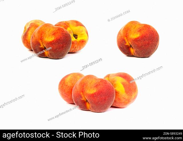 Set of perfect, ripe peaches with slices isolated on a white background