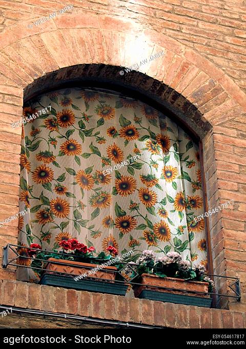 Adorable window with sunflowers on veils - Tuscany