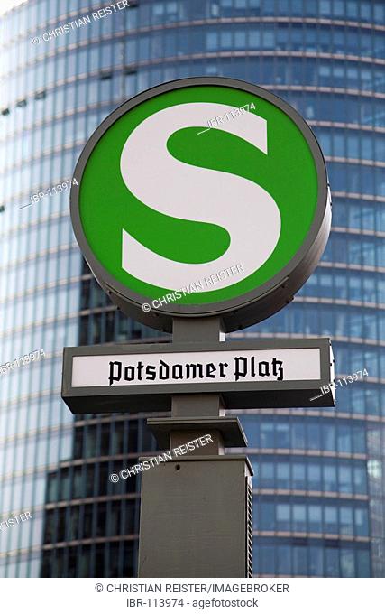 Rapid-transit railway sign, in the background: Bahn Tower at Potsdamer Platz, Berlin, Germany, Europe