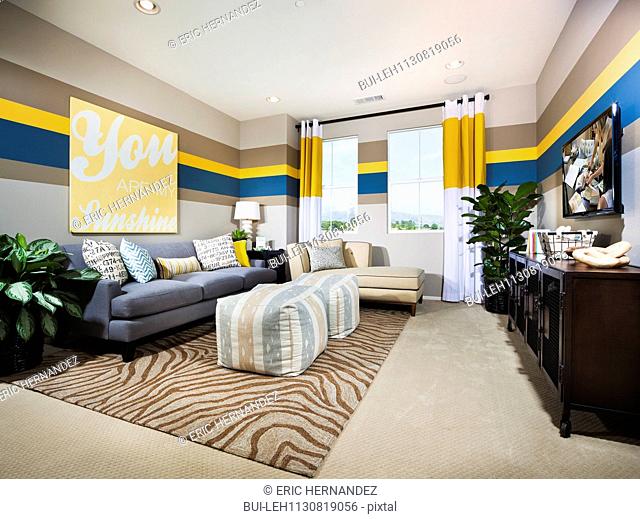 Interior of cotemporary living room; California; USA